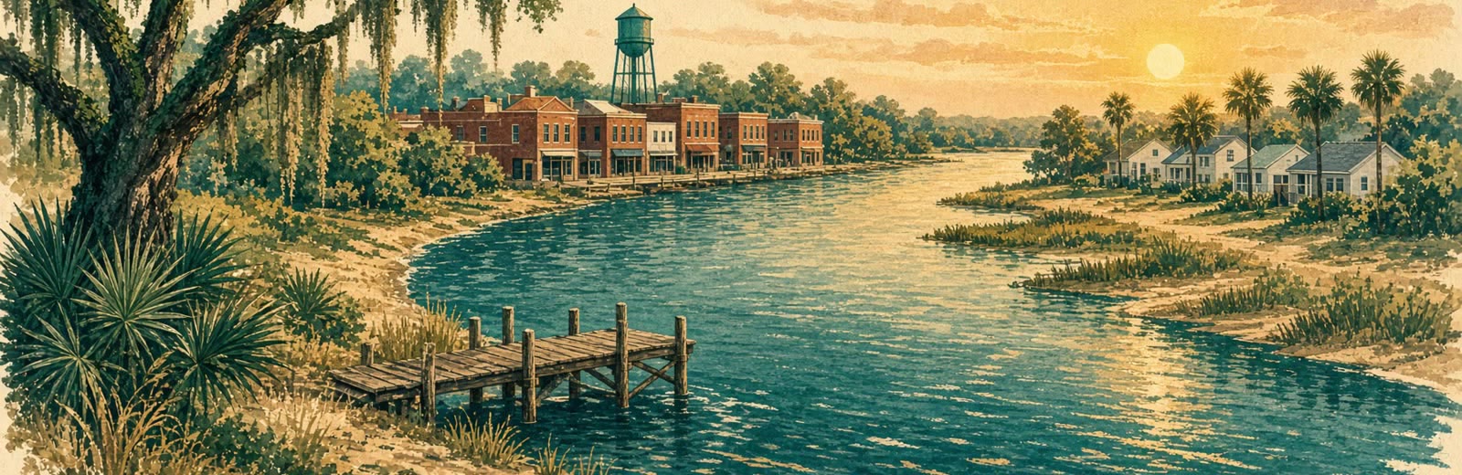 Illustrated view of Palatka: live oaks and downtown on the St. Johns, new houses on the far bank.